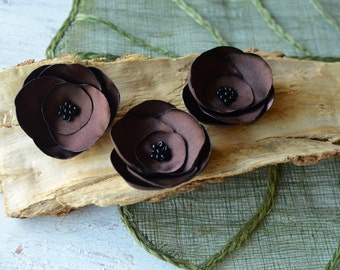 Satin fabric flowers, small fabric appliques, flower embellishments, cloth flowers, wholesale flowers, wedding flowers (3pcs )- BROWN ROSES