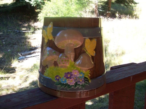Handpainted ceramic made to look like old wood bucket w/ Mushrooms & flowers, butterflies, indoor/outdoor decoration, planter, great gift