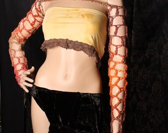 Bright Arm Warmers, Long Crochet Sleeves, multicolor orange stripes, soft crochet fingerless gloves, Belly Dance Gothic, pastel fishnet arms