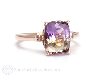 Fleur de Lis Ametrine Ring Cushion Cut Gemstone Ring in 14K or 18K White Yellow Rose Gold Purple Gemstone Ring