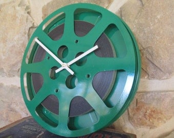 Movie Reel Clock - Repurposed and Upcycled Wall Clock - 10" Diameter - Vintage Film Reel