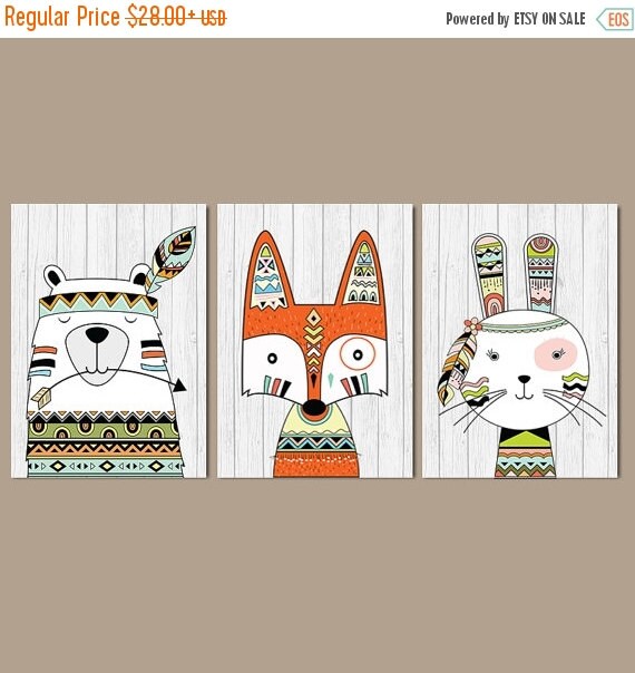 WOODLAND Animals Wall Art Canvas or Prints Tribal by TRMdesign