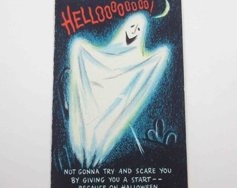 Vintage Unused Halloween Greeting Card with Ghost in Cemetery Black Cat