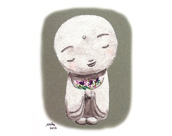 Jizo Print Buddha Illustration Zen Yoga Art Illustration Spiritual Home Wall Decor Healing Art Print Pastel Grey Pink Minimalist Modern Home