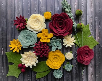 Wool Felt Flowers - Victorian Christmas Flowers - 19 Flowers & 24 leaves - DIY Christmas Wreaths, Garlands, Headbands - Metallic Gold add-on