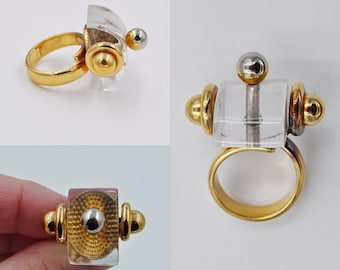 ON SALE Vintage Christian Dior Germany Modernist Ring, Rare, Dated 1970, Gold, Lucite, Cubist, Mod, Adjustable, Too Cool For Words! #b325