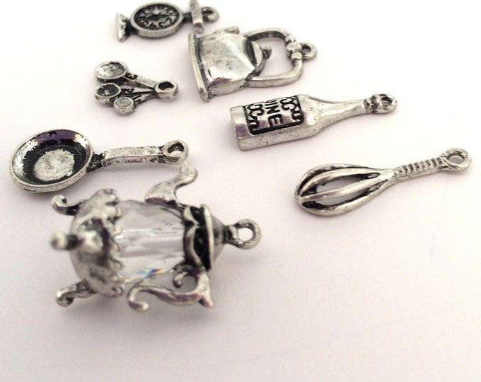 Set of Food Cooking Kitchen Themed Charms Antique Silver-tone