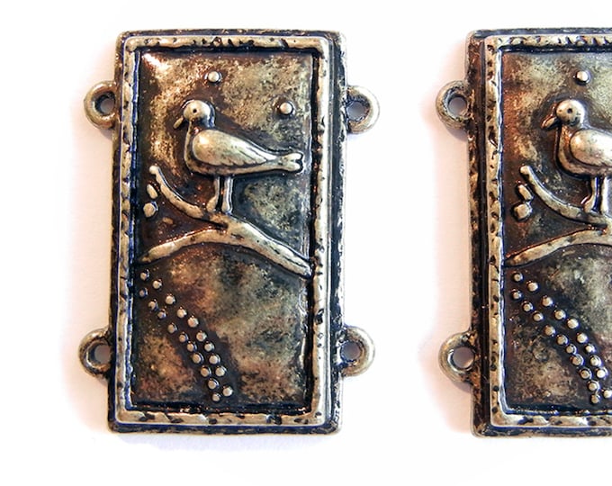 Pair of Bird on Branch Charms Double Link Burnished Gold-tone Rectanglular