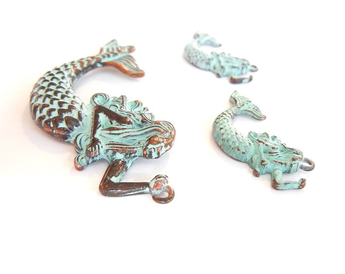 Set of Curved Mermaid Pendant and Charms Patina Copper-tone