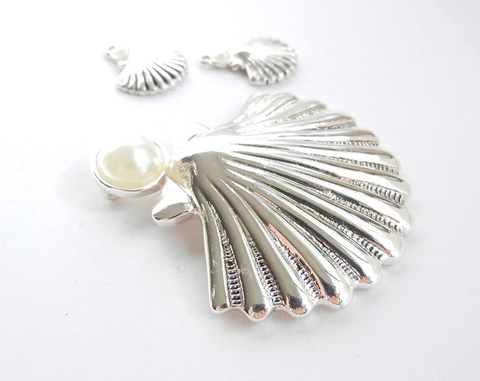 Set of Silver-tone Seashell Pendant and Charms with Pearl Cabochon