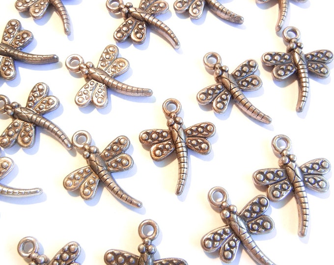 20 or 10 Pairs of Dark Silver-tone Dragonfly Charms Metallic Plastic