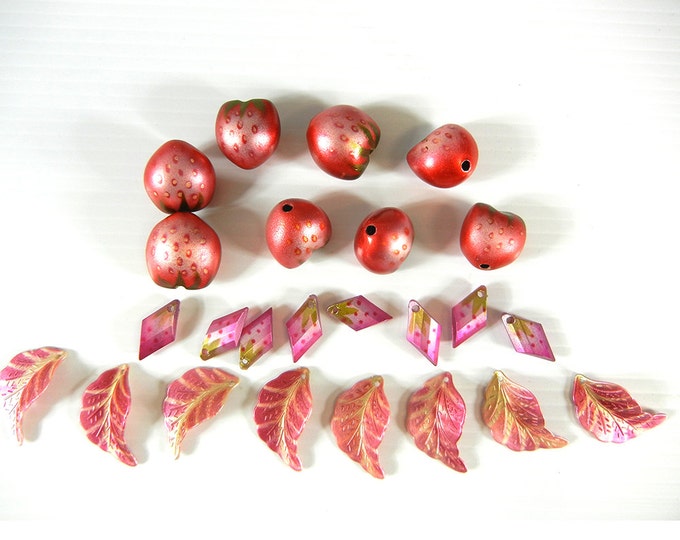 Set of 8 Dimensional Acrylic Strawberry Beads 8 Leaf Charms 8 Diamond Shaped Charms
