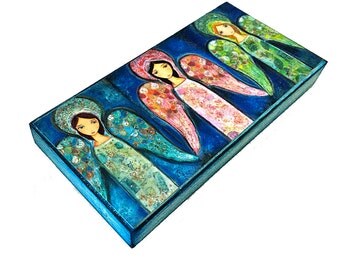 Three Angels - Giclee print mounted on Wood (3 x 6inches) Folk Art by FLOR LARIOS