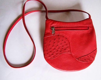 Red Leather Purse with Ostrich Leather Inlays - Crossbody Style Festival Bag - Medium Round - Red Leather Handbag