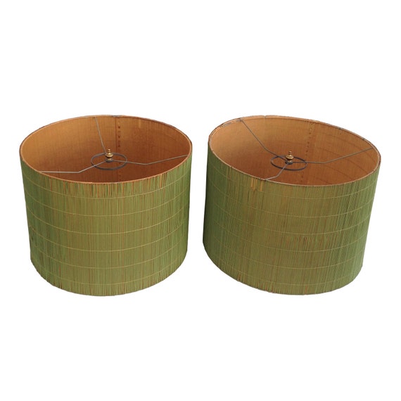 1950s Pair Of Green Reed Fiberglass Lamp Shades TIki Mid