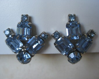 Blue Rhinestone Earrings Clip Vintage Silver