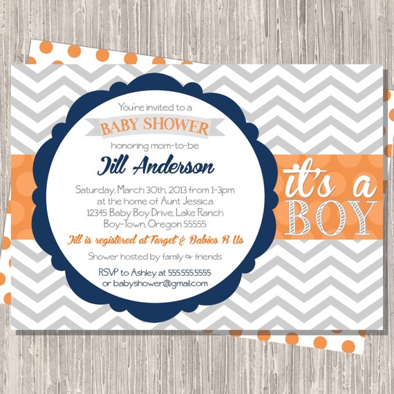 Baby Shower Invitation in Gray Chevron Stripe with Orange