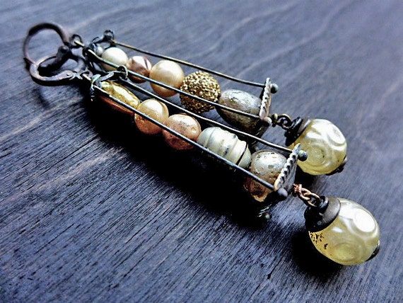 Havisham. Statement caged faux pearl earrings. Mixed media assemblage jewelry. Vintage baroque glass pearls.