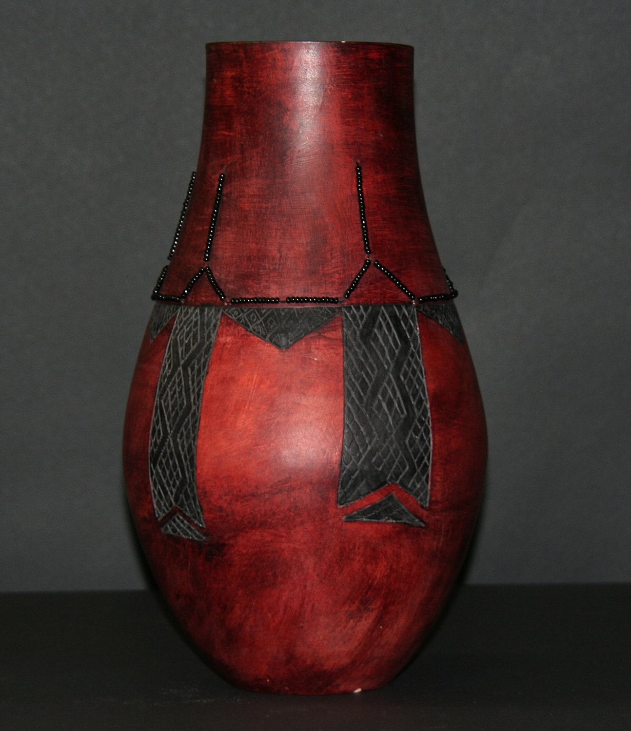 African Clay Red Black Vase Tribal Design Black Beads
