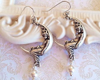 Crescent Moon Jewelry - Fairy Moon Earrings - Goddess Jewelry - Silver Boho Earrings - Art Nouveau Jewelry - LUNA Silver