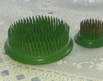 Vintage Green Metal Flower Frogs Set of 2 Round flower frogs