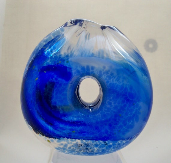 Hand BlownGlass Donut Shaped Vase Blue Murrini