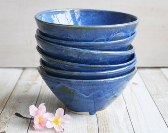 Set of Six Rustic Handmade Ceramic Bowls in Indigo Blue Glaze Handcrafted Stoneware Pottery Ready to Ship