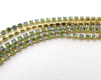 Vintage Rhinestone Chain Swarovski Peridot Light Sapphire Crystal Brass Prong Setting 2.5mm chn0176 (1 foot)