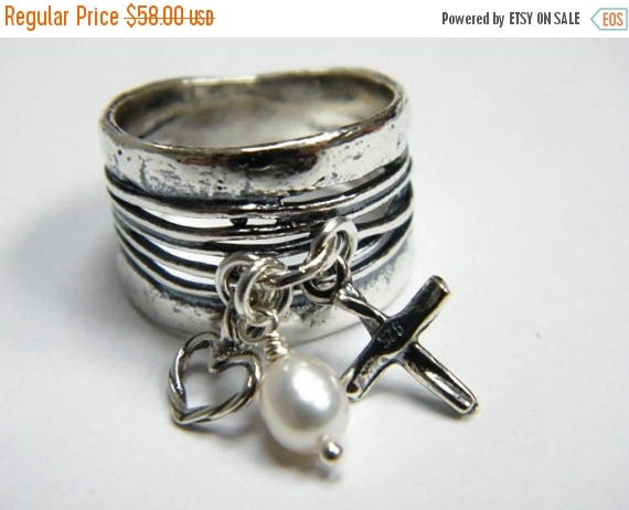 Valentines Day cross ring , charms rings, silver ring, pearl ring, dangling rings , vintage woma ring, christian ring, israeli jewelry