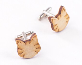 Little Tabby Cat cufflinks - laser cut and engraved wooden jewellery - perfect cat lovers gift