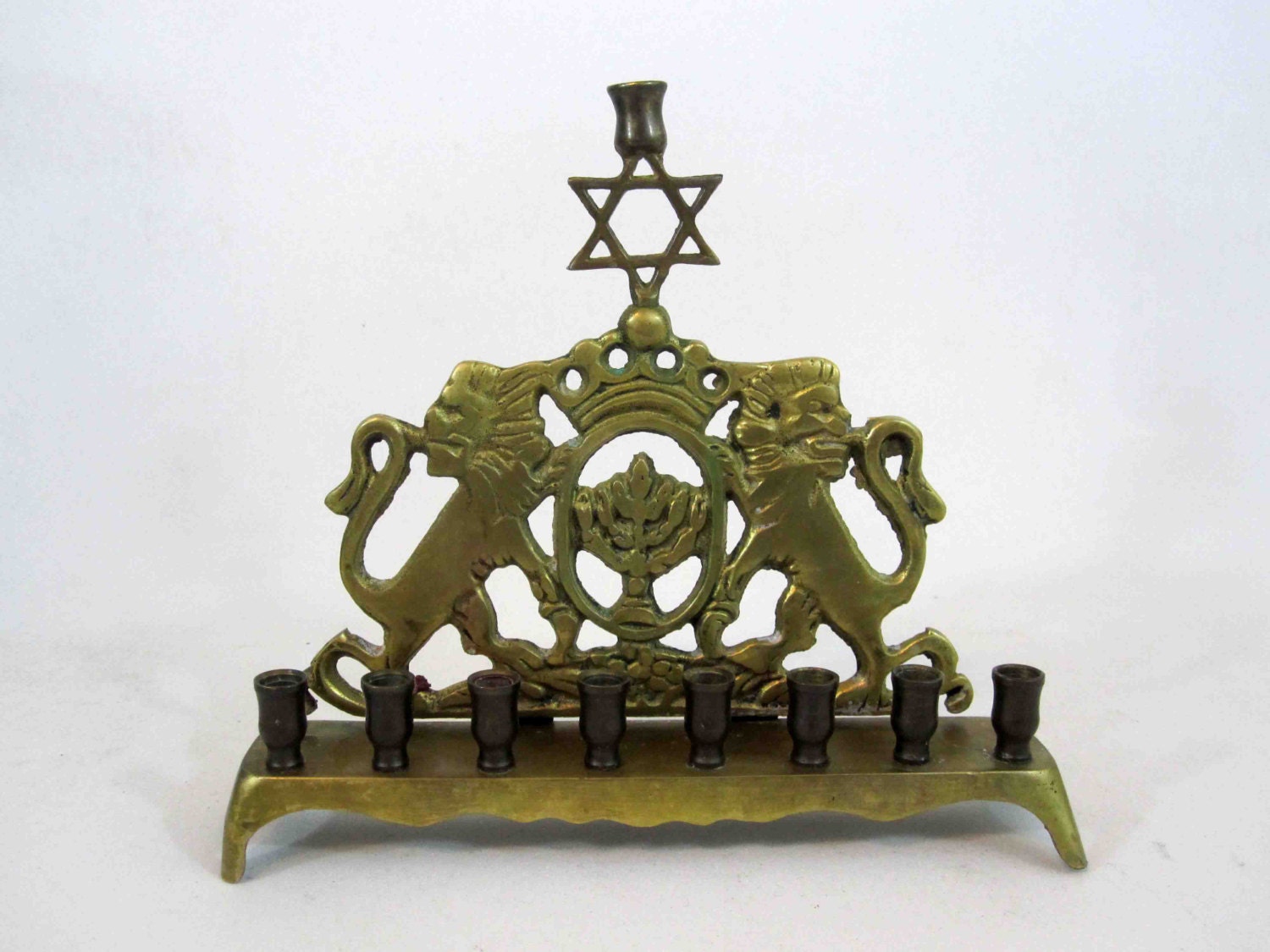 Vintage Brass Menorah with Lions of Judea and Star of David.