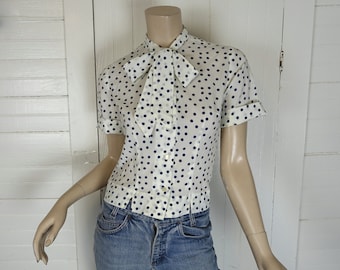 Polka Dot Bow Blouse- 1960s / 60s / Secretary / School Top- Navy Blue & White- Medium