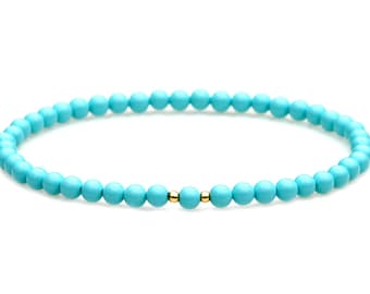 Sleeping Beauty Turquoise Beaded Bracelet Southwest Blue Petite Everyday Feminine Flare Stackable Stretch Jewelry by Mei Faith