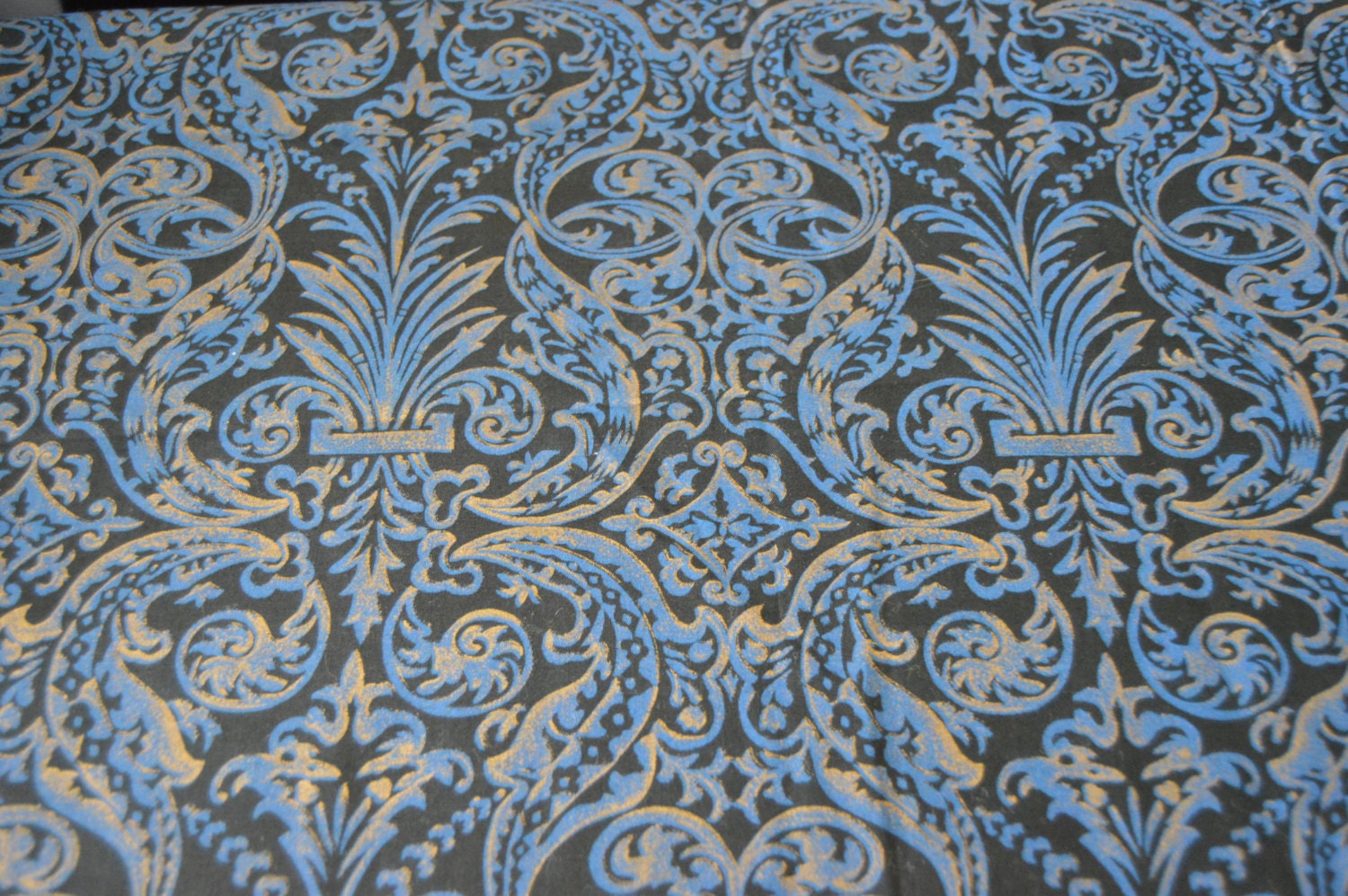 Black Navy & Gold Damask Vintage Cotton Damask Design 1