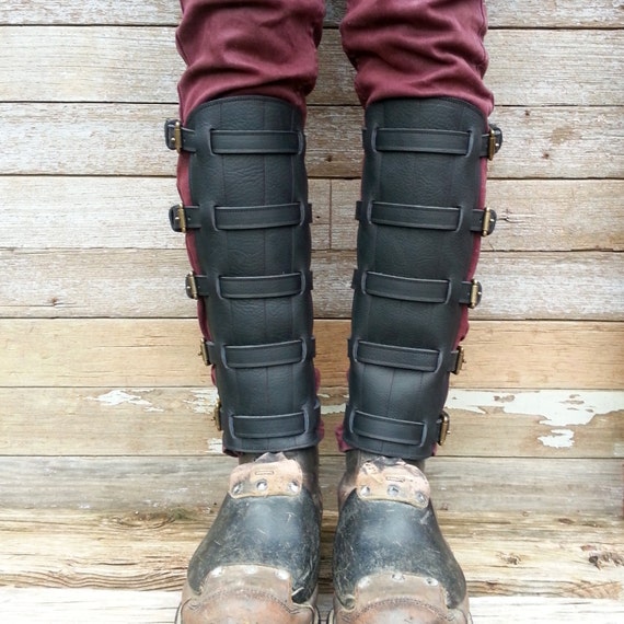 Steampunk Black Leather Shin Guards or Gaiters with Antiqued