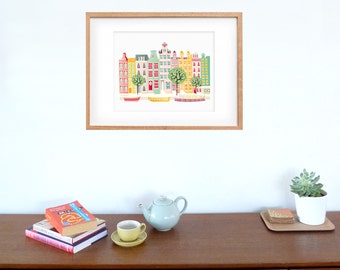 Amsterdam Canal boats Art Print, Dutch Skyline, Poster Cityscape Illustration, For Children, Childs room, Living room, and Nursery