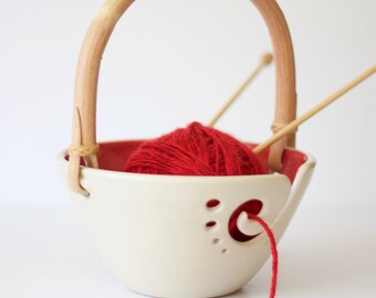 Handled Red Ceramic Yarn Bowl, Knitting Bowl, Crochet Bowl, Red and White Yarn Bowl, Made to Order