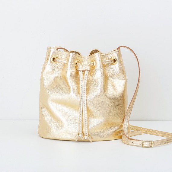Metallic Gold Bucket Bag Everyday Leather Handbag Bucket