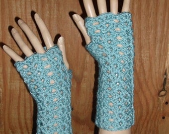 Crochet Wrist Warmers, Fingerless Gloves, Lacey Crochet Gloves, Crochet Gloves, Wirst Warmers, Winter Gloves, in Sea Blue