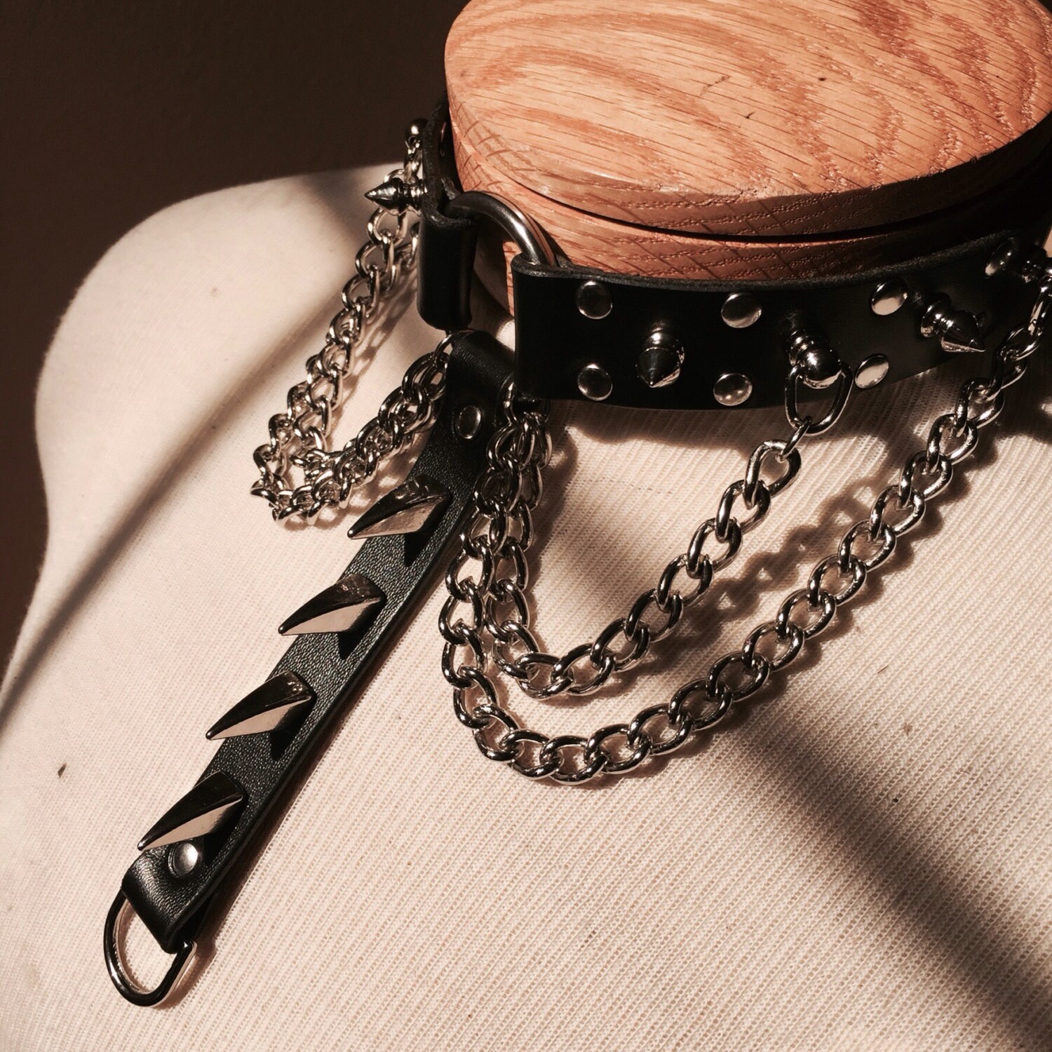 wide leather collar with spikes and chains