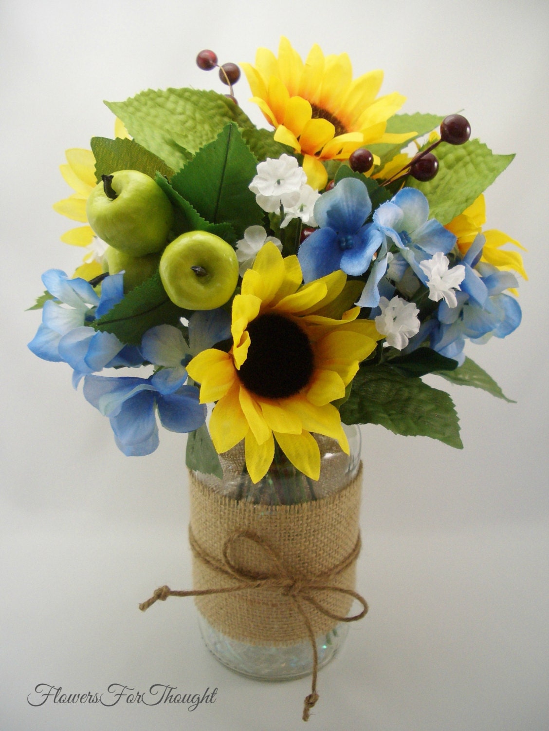 Sunflower Centerpiece with Hydrangea and Burlap Blue and