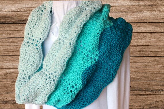 Knit Cowl Pattern, Gradient Colors Knit Scarf Pattern, Knitted Lace Ripple In...