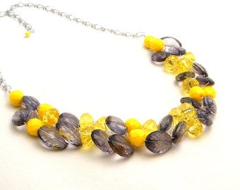 Yellow and Gray Chunky Necklace, Statement Necklace, Crystal ACRYLIC, Bridesmaid Necklace, Yellow and Gray Wedding, Wire Crochet