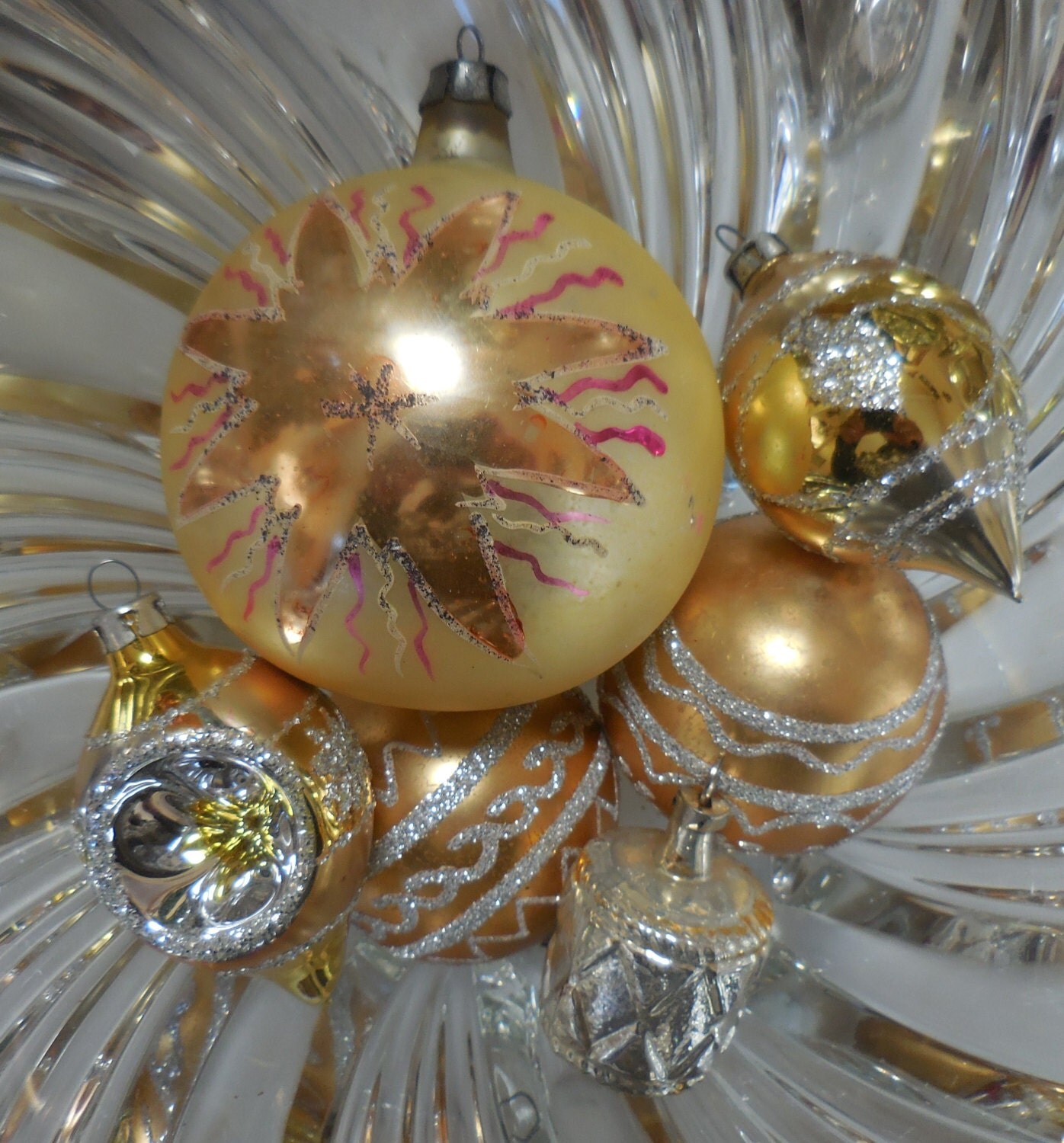 6 Golden Glass Christmas Ornaments Bulbs Concave by KrauseHaus