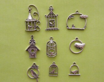 The Bird Cage Collection - 9 different antique silver tone charms