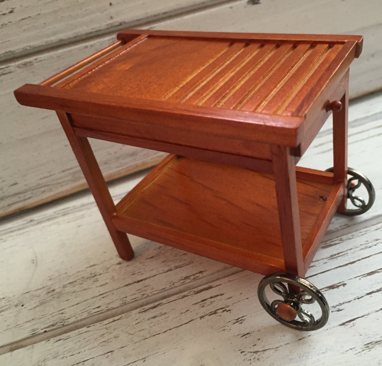Miniature Tea Cart Wood Cart on Wheels with Drawer by by BitsyNest