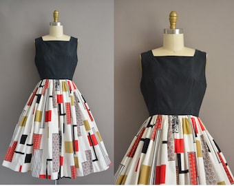 50s cotton patchwork print vintage dress / vintage 1950s dress