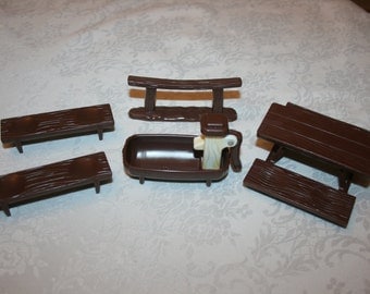 Vintage 1970's Hasbro Weeble Western Set Hitching Post Water Trough with Pump Handle Table Benches