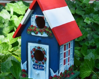 Patriotic Birdhouse, American Flag, Red, White and Blue