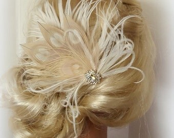 Champagne Ivory Feather Fascinator, Wedding Hair Accessories, Bridal Hair Fascinator,Vintage Style Fascinator, Great Gatsby, Bridal Comb,